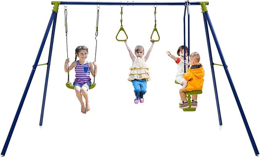 GLACER 440 LBS Heavy-Duty A-Frame Swing Set, 3-in-1 Swing Set w/1 U-Shaped Swing, 1 Glider, 2 Gym Rings, Multifunctional Activity Playset for Backyard, Garden, Park
