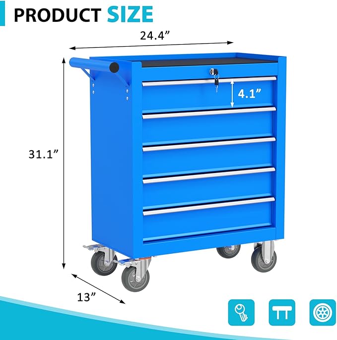 5 Drawers Rolling Tool Chest, Portable Storage Tool Box with Wheels, Tool Chest with Lock for Warehouse, Garage, Repair Shop and Tool Room (Blue)