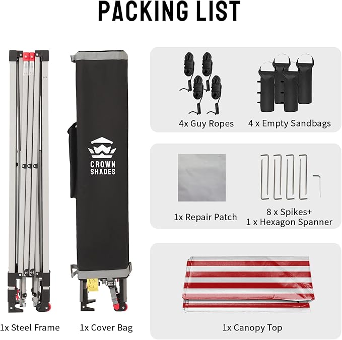CROWN SHADES 10x10 Pop Up Canopy - Beach Tent with One Push Setup - Easy Outdoor Sun Shade for Events, Parties, Camping - Gazebo with STO-N-Go Cover Bag, Silver Coated Top, Red Strips