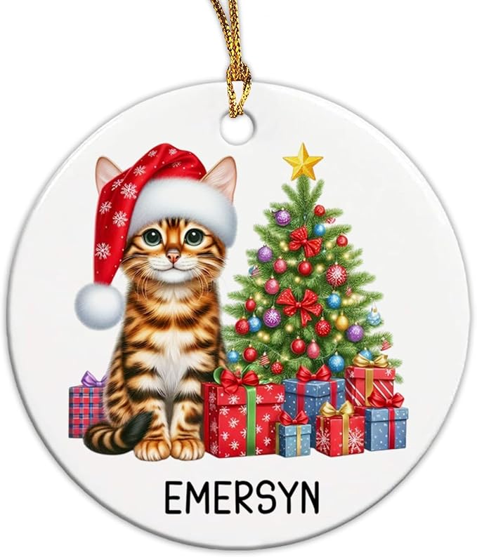 Customized Bengal Cat Ceramic Christmas Ornament with Name, Personalized Bengal Ornaments for Christmas Tree 2025, Cat Wearing Santa Hat Ornament Gift for Men Women Pet Lover, Pet Xmas Decor