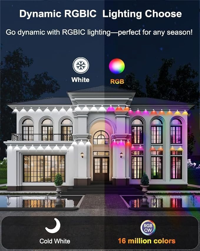 100ft RGB Permanent Outdoor Lights,with 60 LED IP65 Waterproof Smart Christmas Lights for Outdoor Decor with 63 Scene Modes for Halloween Christmas Birthday Holiday Party (100FT 60LED)