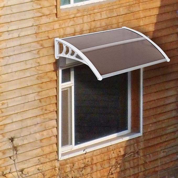 Window Awning Door Canopy Exterior- 32" x 40" Aluminum Door Awning, Polycarbonate Cover Patio Canopy Awning for House, Outside, Rain Snow & UV Resistant (Brown Board & White Bracket)