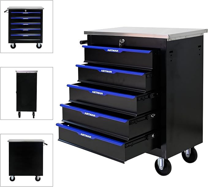 RYH 4/5/6/7 Drawers Rolling Tool Chest -Heavy Duty Mobile Metal Tool Box with Locking Wheels, with Stainless Steel Worktop, Garage Tool Storage Cabinet (Black-Blue, 5-Drawers 30.7 H¡¿25.9 W)