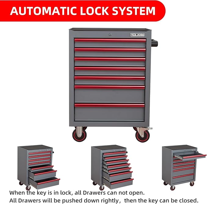 7-Drawer Rolling Tool Chest with Locking Wheels & Drawers, 18.11 D x 26.61 W x 38.3 H Mobile Tool Storage Cabinet, Heavy-Duty Garage Organizer with Ergonomic Handle