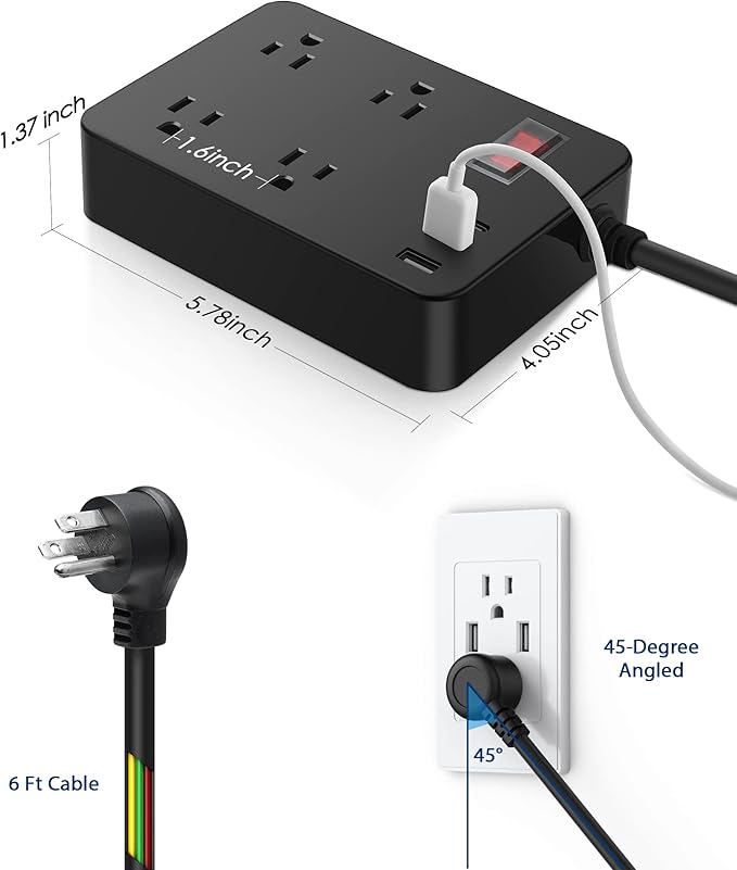 Outdoor Power Strip Weatherproof,Waterproof Surge Protector with 4 Outlets,3 USB,Shockproof Overload Protection, Multi Outlet Extension for Camping, Garden, Kitchen, Bathroom, 6ft Cord,with Flat Plug