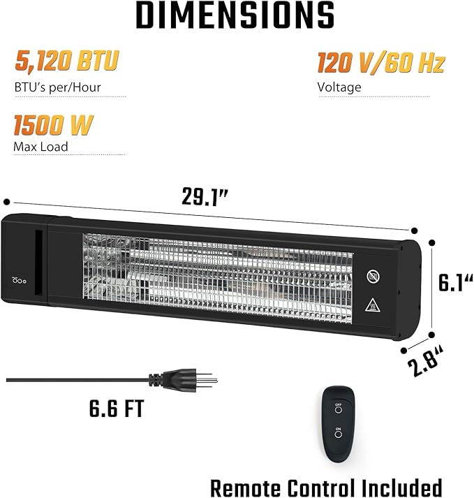 Infrared 1500W Patio Heater with Remote, ETL Certified, Wall Mounted Carbon Fiber Energy Efficient Heater, IP65 Weather Resistant for Patio, Backyard, Garage, and Decks, Black