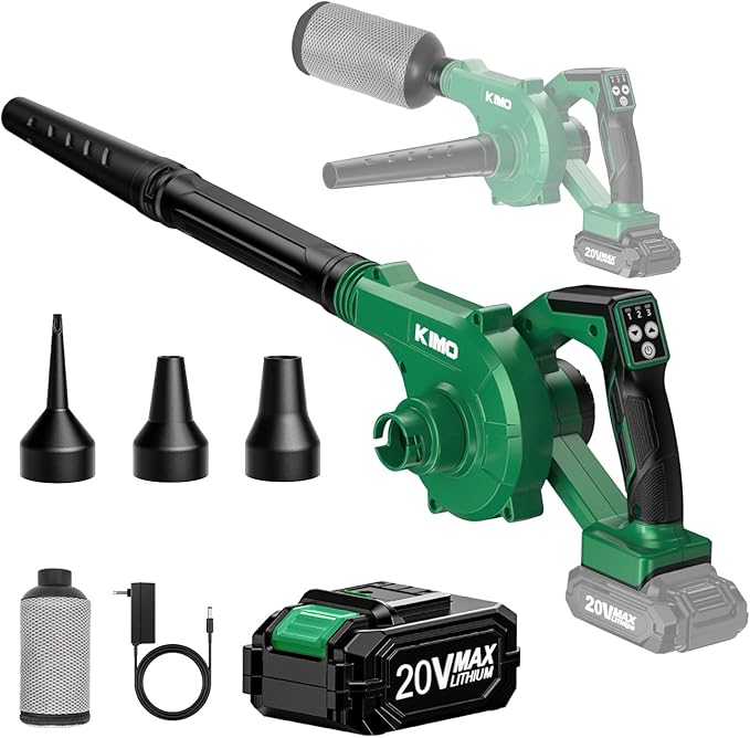 K I M O. Cordless Leaf Blower and Vacuum Combo 4 In 1, 3 Nozzles for Inflation and Deflation, 190MPH/260CFM, Smart Panel with 3 Modes, 20 Extended Tube, 2000mAh Battery Cordless Blowers for Lawn Care