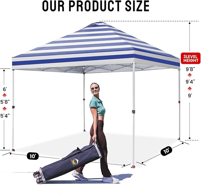 Crown Shades 10x10 Pop Up Canopy - Beach Tent with One Push Setup - Outdoor Sun Shade for Events, Parties, Camping - STO-N-Go Cover Bag, Silver Coated Top, 3 Height& 4 Sand Bags, Navy Blue Stripes