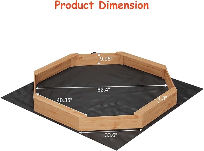 82 Extra Large Wooden Octagon Sandbox with Cover and 4 Bench Seats, Outdoor Kids Sand Pit with Bottom Liner, Fits 6-8 Children, Solid Fir Wood Sandpit for Backyard, Patio, Ages 3-8