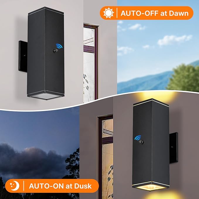 Outdoor Wall Lights 1 Pack,Modern Square Dusk to Dawn Porch Light,Integrated LED Up Down Wall Lights Black Outdoor Sconces Waterproof Wall Lighting Exterior Light for Porch Patio Garage