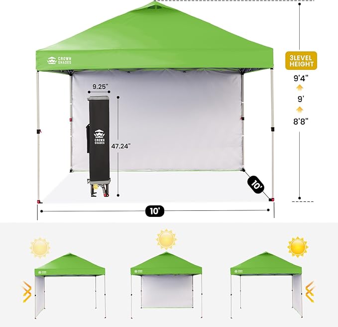 CROWN SHADES 10x10 Pop Up Canopy with 1 Side Wall - Beach Tent with One Push Setup - Outdoor Sun Shade for Events, Parties, Camping - Gazebo with STO-N-Go Cover Bag (Green)