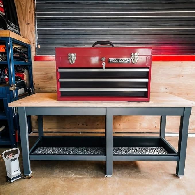20.3¡° Metal Tool Box with Drawer Portable Steel Tool Box with Protective Liner and Latch Closure and Lock for Garage, Home and Warehouse (Red & Black-3 Drawers)