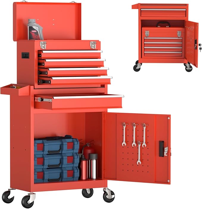 5-Drawer Rolling Tool Chest, High Capacity Removable Tool Storage Cabinet, Detachable Toolbox with Lock for Garage Warehouse and Tool Room (Red)
