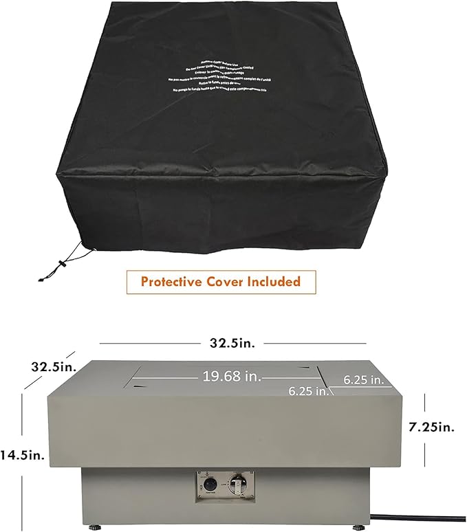 32.5-inch Fire Table with Natural Gas Conversion Kit & Wind Glass Shield, 50,000BTU Outdoor Modern Patio Fire Pit Table w/Square Burner Lid, Glass Rocks, Cover