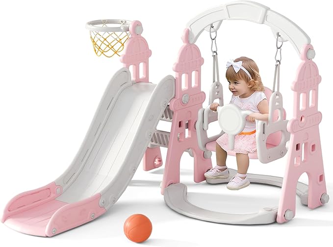 KORIMEFA 4-in-1 Kids Slide and Swing Set, Toddler Slide with Basketball Hoop, Swing, Outdoor Indoor Playground for Toddlers 1-3 (4 in 1-Pink)