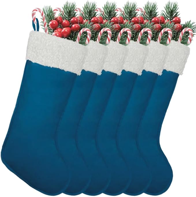Christmas Stockings for Family Holiday Decorations and Xmas Tree Fireplace (6, Navy Blue-Grain-Large)