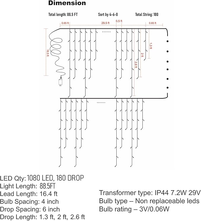 Dazzle Bright Christmas Icicle Lights, 88.5 FT 1080 LED 8 Modes Curtain Fairy Lights with 180 Drops, Xmas String Lights for Outdoor Holiday Wedding Party Decorations (Multi-Colored)