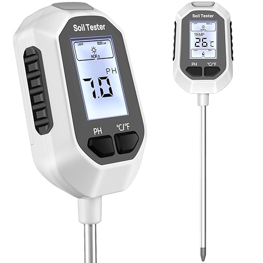 4-in-1 Soil Moisture Meter, Digital Plant Temperature/Soil Moisture Test & PH Meter/Sunlight Intensity, Backlight LCD Display for Gardening, Farming and Outdoor Plants
