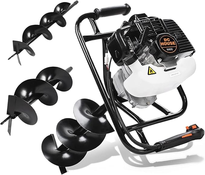 DC HOUSE 52cc 1800W Gas Powered Earth Auger EPA Certified Post Hole Digger, with 2 Drill Bits 6 10, Mixing Ratio 30:1, for Fence, Farmland and Garden