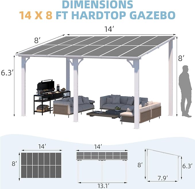 AECOJOY 14' x 8' White Gazebo Outdoor Pergola for Patio, Hard Top Lean to 8x14 Gazebo Shelter Pergolas and Gazebos Clearance with Patio Roof, Large Wall-Mounted Heavy Duty Awnings for Patio