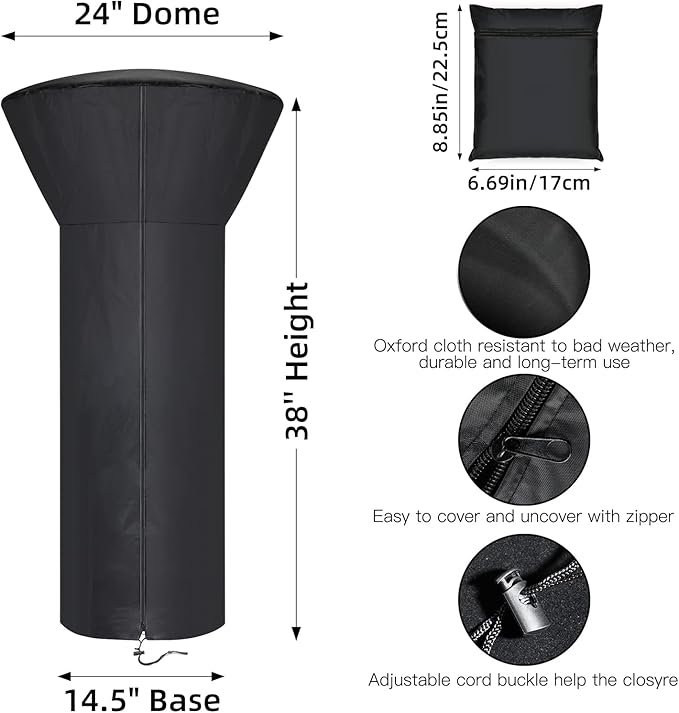 Patio Tabletop Heater Covers with Zipper and Storage Bag,Waterproof,Dustproof,Wind-Resistant,Sunlight-Resistant,Snow-Resistant,Black,38'' Height x 24 Dome x 14.5 Base