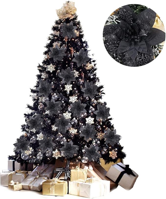 RECUTMS Christmas Tree Ornaments 10Pcs Glitter Poinsettia,Artificial Poinsettia Flowers Xmas Tree Ornaments 6" Wide for Xmas Tree Wreaths Garland Holiday Seasonal Wedding Decorations(Black)