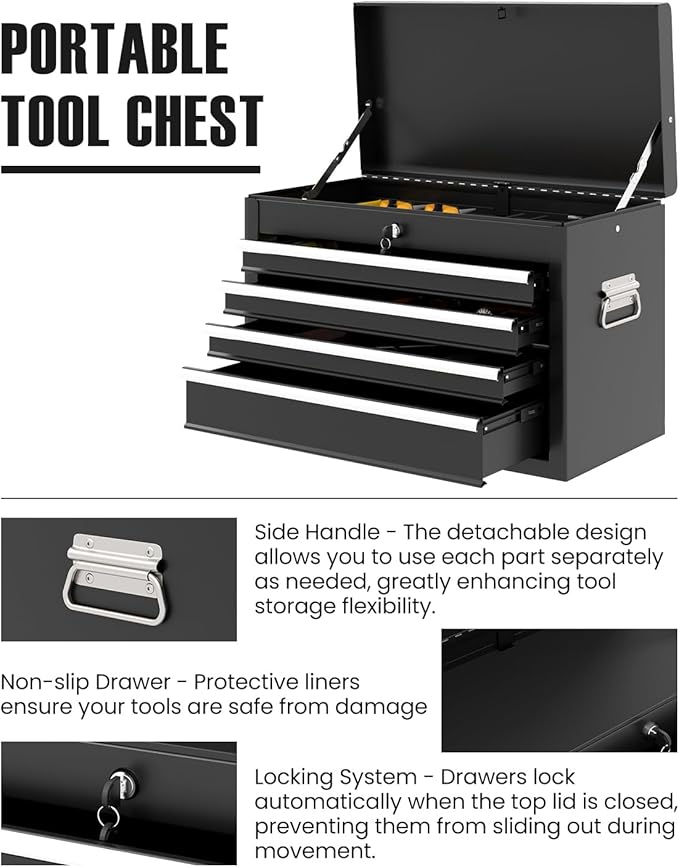 ARNOT 2-in-1 Rolling Tool Chest with 5 Drawers, Heavy-Duty Metal Tool Box with Wheels, Detachable Top Tool Box & Rolling Tool Cabinet for Garage, DIY (6-Drawers Whith Middle Box, Black)
