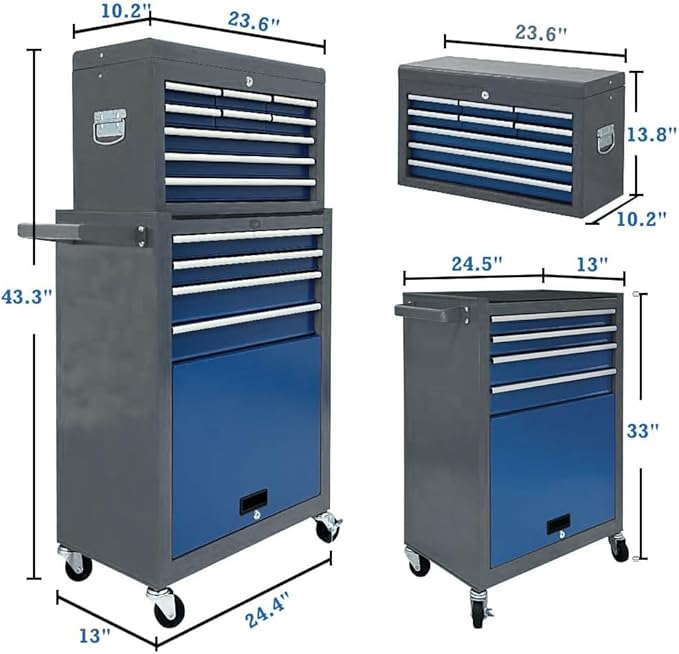 13-Drawer Rolling Tool Chest,Toolbox with Wheels,Tool Cabinets with Drawers, Top Detachable Tool Box with Hooks Handles for Workshop Mechanical Garage (blue£¦grey)