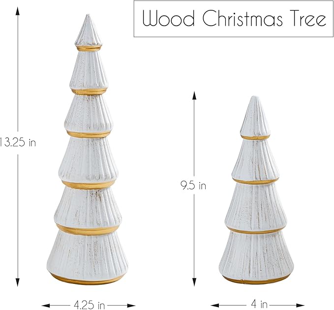 WONDROUS' DECO Christmas Tree Figurine Decor Tabletop White and Gold, Set of 2 Wooden Artificial Xmas Tree Decorations, Vintage Christmas Trees for Tables Centerpiece Home Farmhouse Mantel