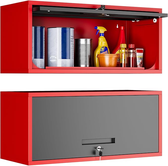 Yizosh Metal Wall Cabinet with Doors, Wall Mounted Storage Cabinet, Floating Tool Cabinet for Kitchen, Basement, Warehouse (Red Black, 13.7 H)