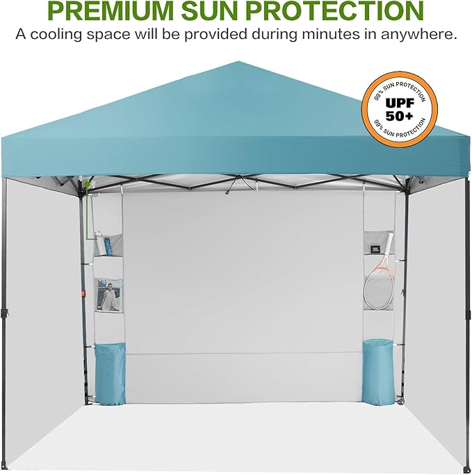 10X10 Comercial Pop Up Canopy Tent with 4 Sidewalls and 6 Pockets, One Push Setup Center Lock, for Beach Patio Outdoor, Case, 8 Stakes, 4 Ropes, 4 Sandbags (Sky Cyan)
