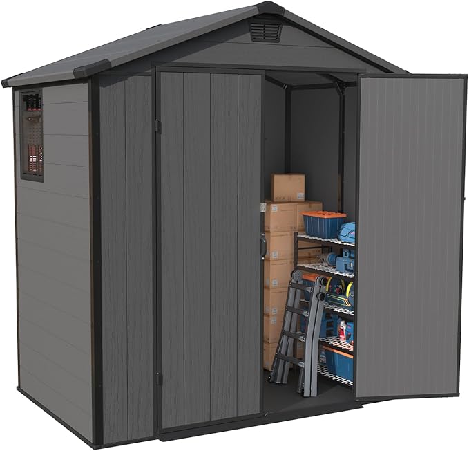 Patiowell 6X4 FT Plastic Outdoor Storage Shed with Floor, Resin Outside Tool Sheds with Window and Lockable Door for Backyard, Garden, Tool Storage Usage, Easy to Install, Dark Grey