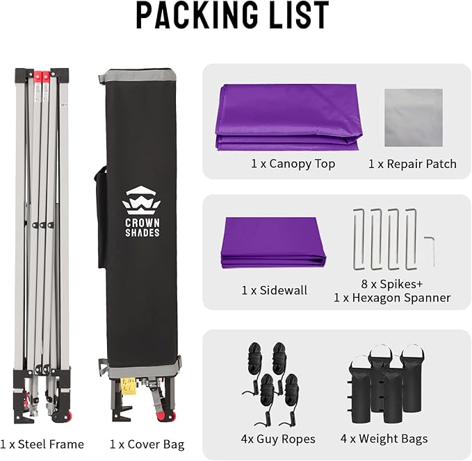 CROWN SHADES 10x10 Pop Up Canopy with 1 Side Wall - Beach Tent with One Push Setup - Outdoor Sun Shade for Events, Parties, Camping - Gazebo with STO-N-Go Cover Bag (Purple)
