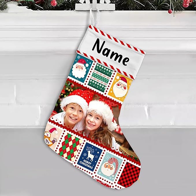 LOVELYPOD Christmas Stockings Personalized with Name, 19" Christmas Stocking Kid Photo Christmas Stocking 2023, Xmas Stocking Holiday Christmas Decoration Gifts for Family Kids