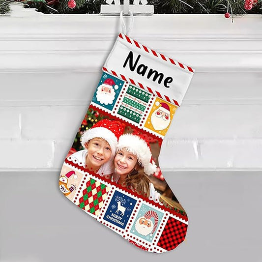 LOVELYPOD Christmas Stockings Personalized with Name, 19" Christmas Stocking Kid Photo Christmas Stocking 2023, Xmas Stocking Holiday Christmas Decoration Gifts for Family Kids