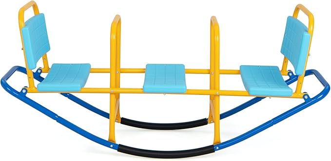 GLACER Teeter Totter Seesaw for Kids, 3-Person Metal Rocking Seesaw for Boys Girls Ages 3-8, 2 in 1 Indoor Outdoor Rocker Toy with Easy-Grip Handles, Playground Equipment for Backyard (Blue)