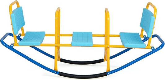 GLACER Teeter Totter Seesaw for Kids, 3-Person Metal Rocking Seesaw for Boys Girls Ages 3-8, 2 in 1 Indoor Outdoor Rocker Toy with Easy-Grip Handles, Playground Equipment for Backyard (Blue)
