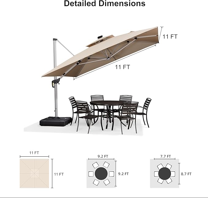 PURPLE LEAF 11 Feet Solar Powered LED Square Cantilever Umbrella With Base Patio Umbrellas Windproof Hanging Umbrella Outdoor Umbrellas Offset Umbrellas, Beige