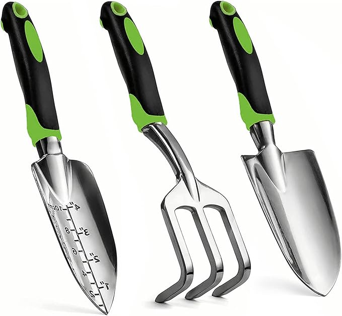 Gardening Hand Tool Set 3 Pack - MDSXO Heavy Duty Gardening Kit with Non-Slip Soft Ergonomic Handle, Great Garden Gift for Women Men[Stainless Steel]