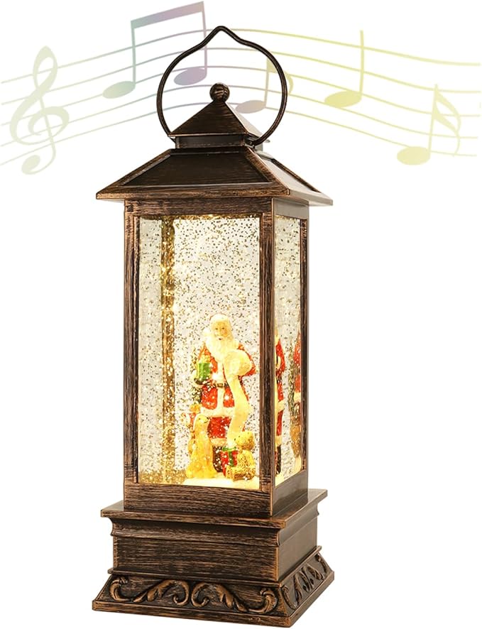 Musical Rotating Christmas Snow Globe Lantern with Santa Claus - Lighted Sparkling Water Lantern with 8 Festive Songs & Timer, Indoor Christmas Decorations for Home/Party