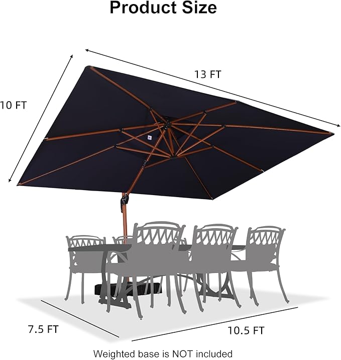 PURPLE LEAF 10' X 13' Double Top Deluxe Wood Pattern Rectangle Patio Umbrella Offset Hanging Umbrella Outdoor Market Umbrella Garden Umbrella, Navy Blue