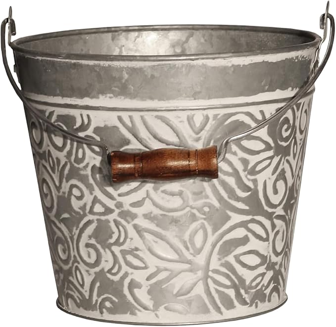 Headwind Vintage Collection - Floral Galvanazied White Wash Planter with Handles – 8 Inch Medium Flower Pots Decorative Plant Indoor – Plant Pots Indoor with Drainage by Robert Allen