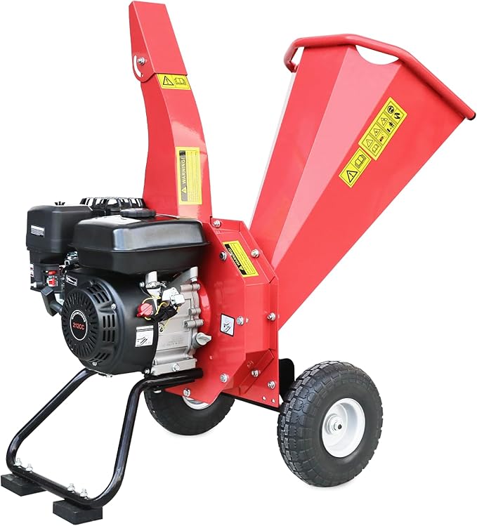 Wood Chipper Shredder Mulcher, 7 HP 212cc Gas-Powered Heavy Duty Engine, 3-Blade Disc Cutter, 10 Large Wheels for Easy Mobility, for Garden, Orchard, Courtyard, Farm