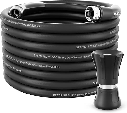 SPECILITE 5/8 Garden Hose 75 ft with High Flow Nozzle, Heavy Duty Flexible Hybrid Rubber Water Hose for Outdoor, Lightweight, Leak-Proof, No-Kink, 3/4Brass Fittings,Black