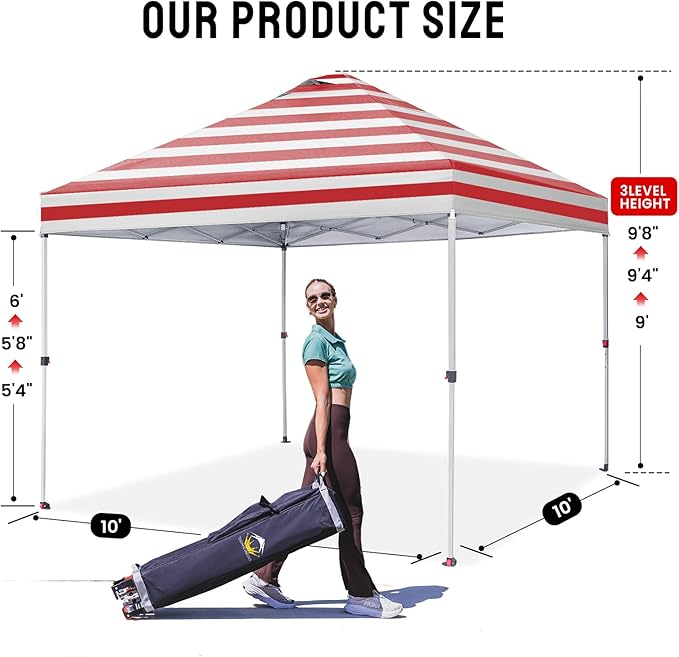 CROWN SHADES 10x10 Pop Up Canopy - Beach Tent with One Push Setup - Easy Outdoor Sun Shade for Events, Parties, Camping - Gazebo with STO-N-Go Cover Bag, Silver Coated Top, Red Strips