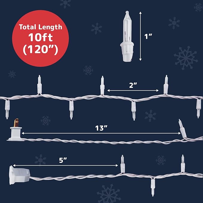 PREXTEX 10 Ft String Lights with Christmas Tree Light Warm White - Indoor/Outdoor Decor - 50 Count Christmas Lights for Holidays - Xmas Light on White Wire - Multi-Strand Connectable