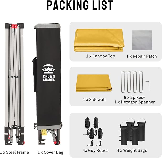 CROWN SHADES 10x10 Pop Up Canopy with 1 Side Wall - Beach Tent with One Push Setup - Outdoor Sun Shade for Events, Parties, Camping - Gazebo with STO-N-Go Cover Bag (Yellow)