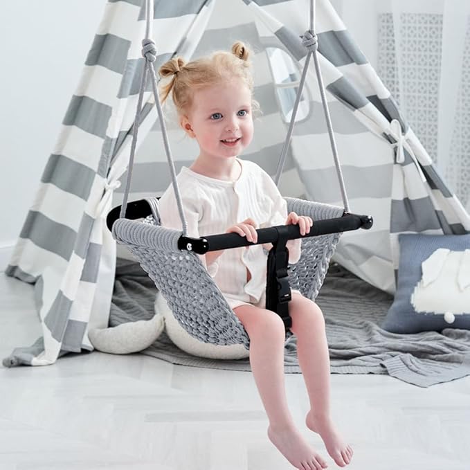 2 -in- 1 Toddler Swing. Swing Seat for Kids with Adjustable Ropes, for Kids Heavy Duty Rope Play Secure Children Swings Set, for Outdoor Indoor, (Gray)