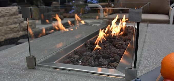 Elementi Hampton Fire Pit Bundle Outdoor Firepit Set Includes 56¡± Propane Concrete Firepit Table, Glass Windscreen, Stainless Steel Cover, Tank Cover, Canvas Cover, Floor Mat, Ice Bucket