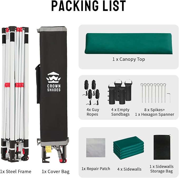 CROWN SHADES 10X10 Comercial Instant Canopy Pop Up Tent with Center Lock (10x10 with 4 Sidewalls, Forest Green)